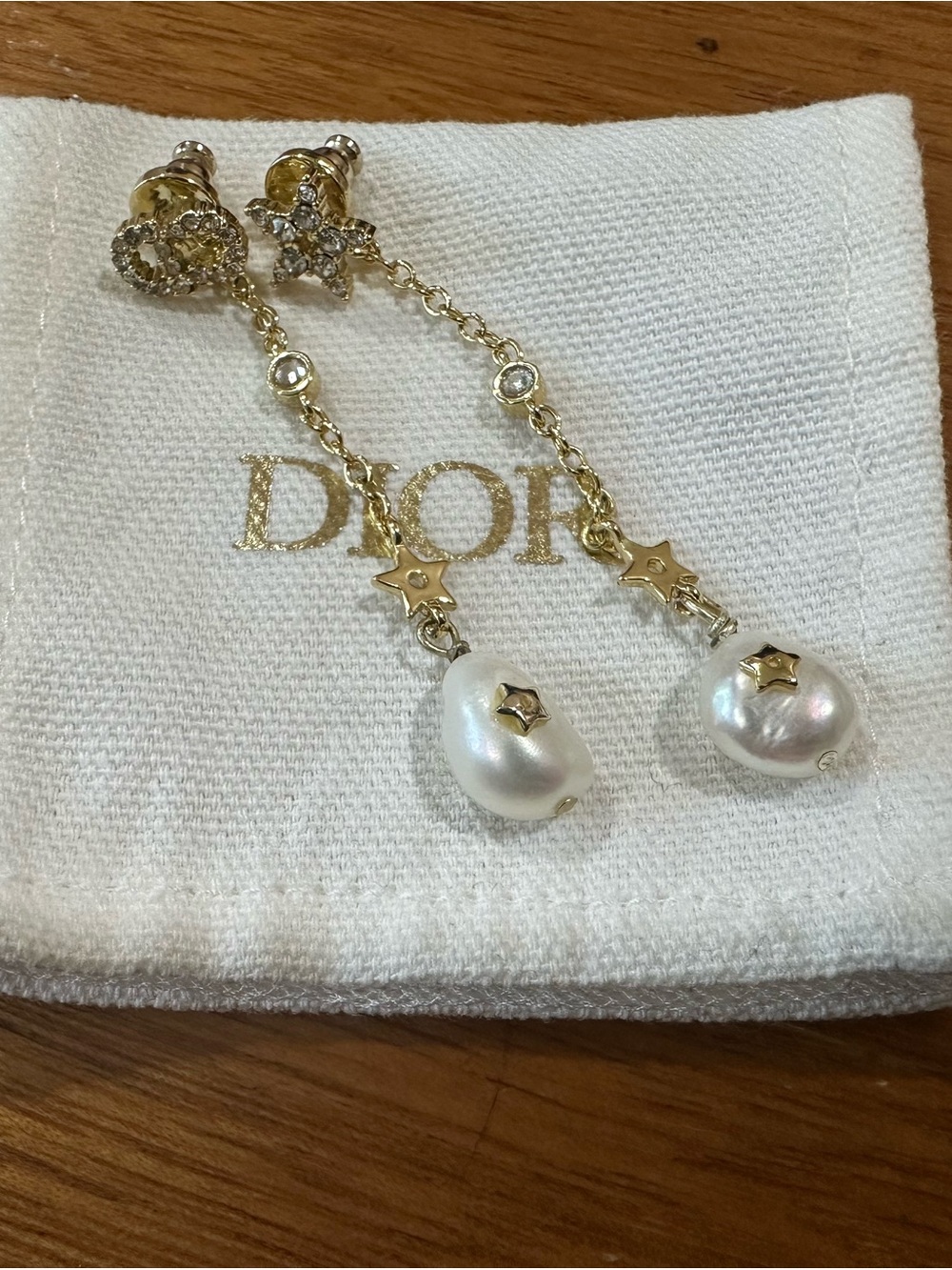 Authentic Christian Dior Shiny-D Drop Earrings Pearl Crystal Star CD Mismatched